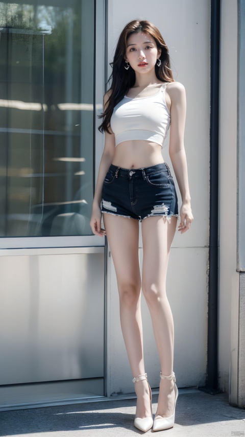  (Best Quality), (Masterpiece), (High), Illustrated, Original, Very Detailed,1 Girl,(from below),full body,Solo, Shorts, Big breast,long Hair, Whistle, Long Legs, Wrist Straps, Navel, Long Hair, Abdomen, Shorts,Shirt, Lips, White Shorts, Long Legs, Looking at the Audience,yebin, jy, miniJK, 1 girl, liuyifei,Outside, 1girl