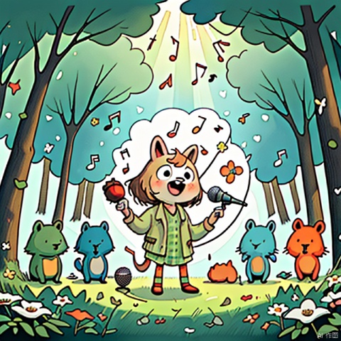 Comic and Animation，lovable，The forest party，animal，sing，happy，meadow，sunlight，clap one's hands，music，violin，stage，microphone，quadratic element，flower，sky，Many animals party together
