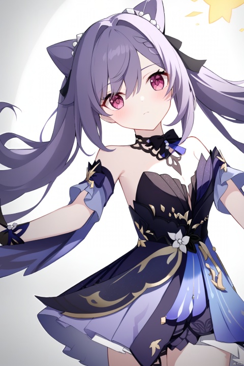 keqing_\(opulent_splendor\)_\(genshin_impact\), keqing_\(genshin_impact\), purple_hair, highres, cone_hair_bun, 1girl, twintails, purple_eyes, bare_shoulders, double_bun, long_hair, cleavage, official_alternate_costume ,(\shen ming shao nv\)