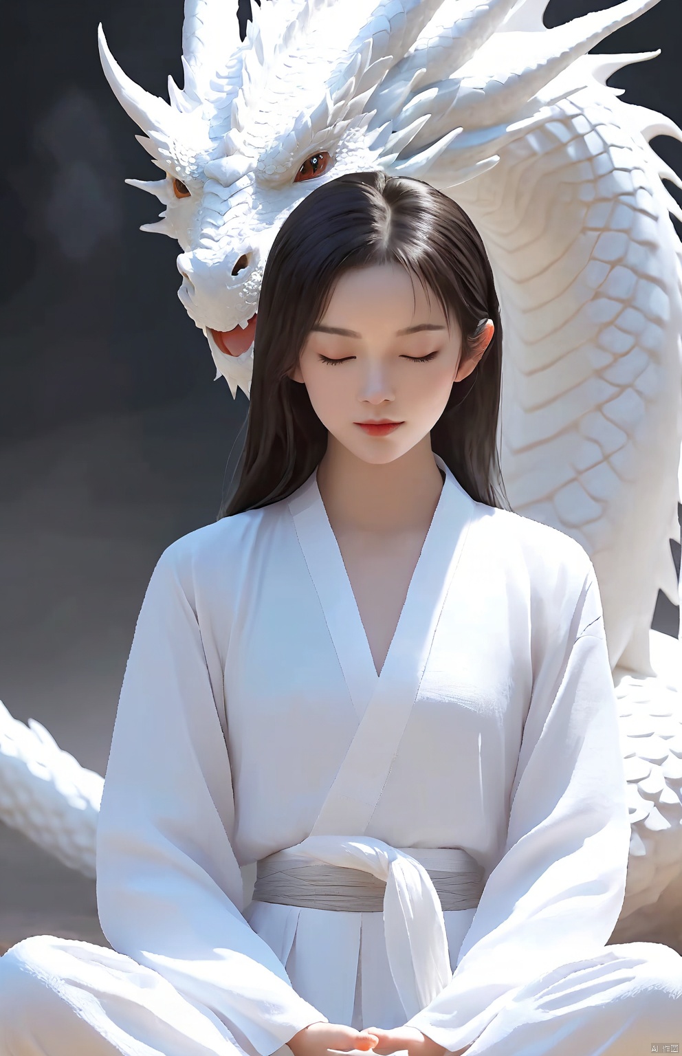  1 girl, meditating ,full body,(white Dragon), ((poakl))