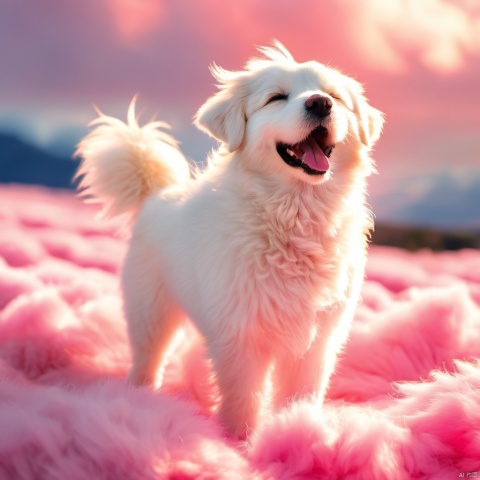  xugou,dog,fluffy,light particles,^ ^,whiskers,cute,warm colors,whimsy and dramatic lighting,white fur,soft lighting,dog focus,no humans,blush,closed eyes,cloud,tongue out,tongue,solo,outdoors,sky,open mouth,fangs,smile,full body,red theme,cloudy sky,teeth,pink theme,,