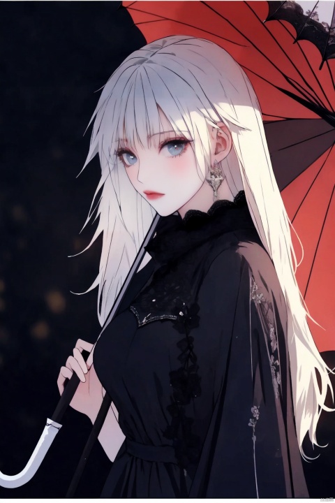  (best quality),((masterpiece)),(highres),illustration,original,extremely detailed,rich-details,masterpiece,High quality,
1girl,European style,Lace umbrellas,Goth.,Big sister,Dark,black background,black umbrella,breasts,dress,hair ornament,holding umbrella,long hair,oil-paper umbrella,parasol,red umbrella,solo,umbrella,very long hair,white hair,
, wuxiuxi