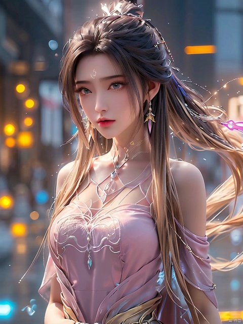  1girl,Bangs, off shoulder, colorful_hair, ((colorful hair)),golden dress, yellow eyes, chest, necklace, pink dress, earrings, floating hair, jewelry, sleeveless, very long hair,Looking at the observer, parted lips, pierced,energy,electricity,magic,tifa,sssr,blonde hair,jujingyi, wangyushan, dofas, forehead mark, (\yan yu\), qingyi