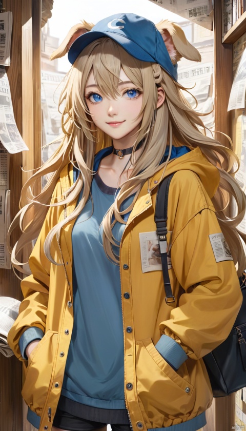  long hair, big hair, hair flowing over, messy hair, blue eyes, choker, closed mouth, collar, dog tail, hand in pocket, hat, hat with ears, hood, hoodie, jacket, yellow jacket, long hair, long sleeves, looking at viewer, nail polish, open clothes, open jacket, newspaper wall background, smile, solo, (\MBTI\), (\ji jian\), babata, jiqing, (/qingning/), cloud