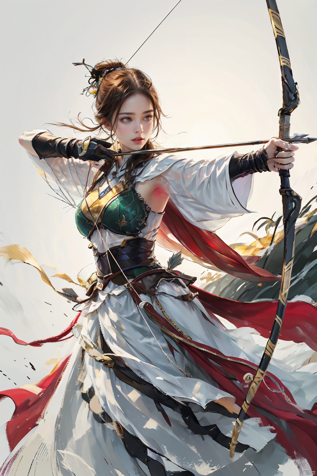  1girl,big breasts, solo, gloves,long hair, focusing intensely,Hold the iron tire bow with the left hand and draw a bow and shoot arrows, Wearing a jade crown, shining silver armor, and wearing a lion headband. Treading towards the sky with cow tendon boots; Wearing a crimson cloak on her shoulders, carrying a three foot green blade on her waist, coupled with her tall figure and resolute expression,clean white background,