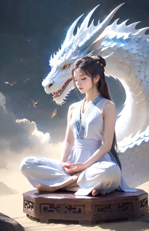  1 girl, meditating ,full body,(white Dragon),
