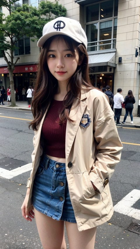  A beautiful high school girl with long hair flying,baseball cap,short brown hair and red coat,wearing high school uniform,blue mini skirt and milk tea,stood on the street,observing the surrounding people with detailed details,detailed facial features,detailed pupil,detailed hair,artist Hojo Tsukasa,
