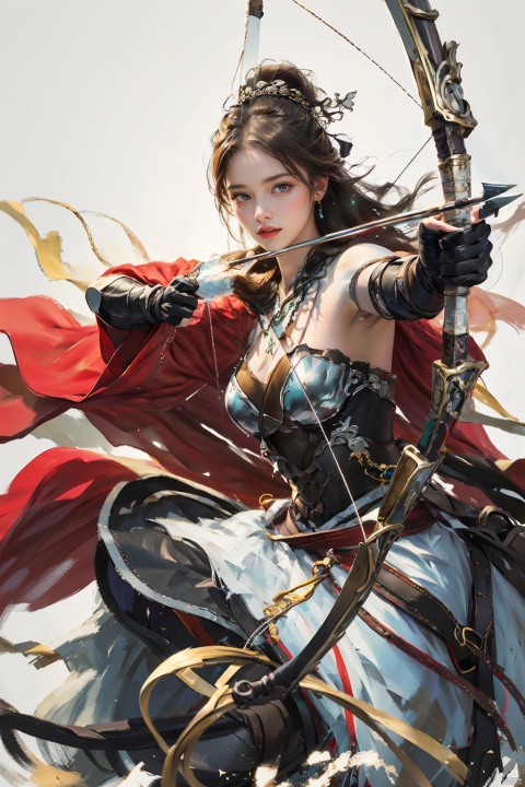  1girl,big breasts, solo, gloves,long hair, focusing intensely,Hold the iron tire bow with the left hand and draw a bow and shoot arrows, Wearing a jade crown, shining silver armor, and wearing a lion headband. Treading towards the sky with cow tendon boots; Wearing a crimson cloak on her shoulders, carrying a three foot green blade on her waist, coupled with her tall figure and resolute expression,clean white background,