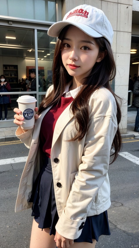  A beautiful high school girl with long hair flying,baseball cap,short brown hair and red coat,wearing high school uniform,blue mini skirt and milk tea,stood on the street,observing the surrounding people with detailed details,detailed facial features,detailed pupil,detailed hair,artist Hojo Tsukasa,
