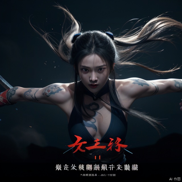  Apocalyptic background, muscular lines, blue flowing hair,Short hair, surrounded by gas, niji3, BY MOONCRYPTOWOW, Super perspective, tattoo, smwuxia Chinese text blood weapon:sw, Wen Dao Sheng Zun