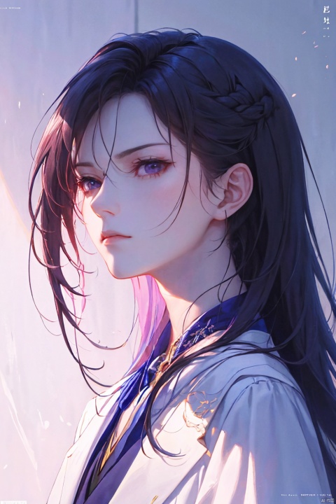  a woman in business attire, career women, business wear, purple suit, with neat hair, very long black hair, fluffy hair, serious expression, mature face, women who are elegant and a little bit indifferent, successful person, anime portrait, office, digital anime illustration, beautiful anime style, a beautiful fantasy female chairman, anime illustration, anime fantasy illustration, character painting, trending on artstration,（\personality\）, (/qingning/), (\MBTI\)