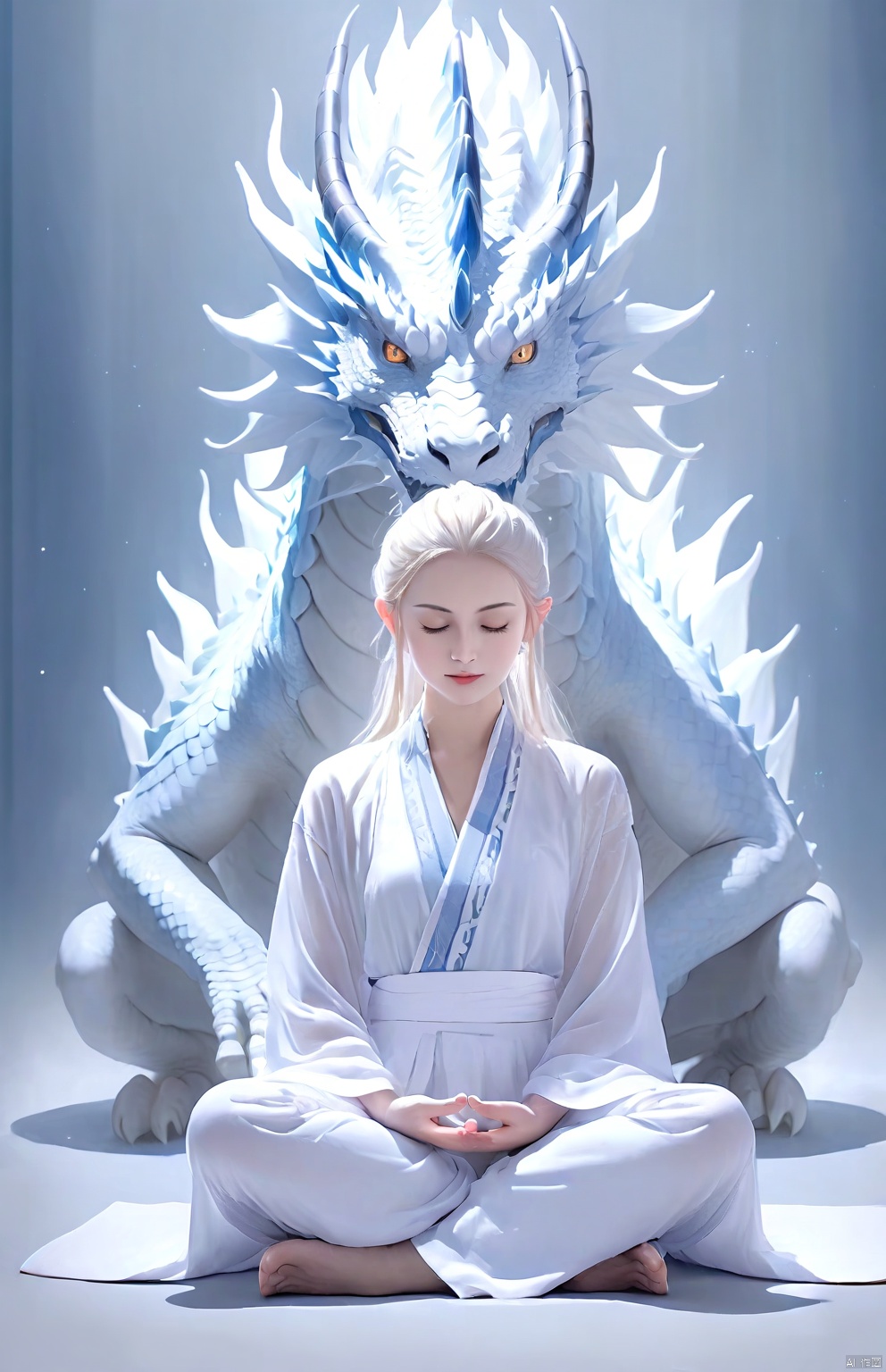  1 girl, meditating ,full body,(white Dragon), ((poakl))