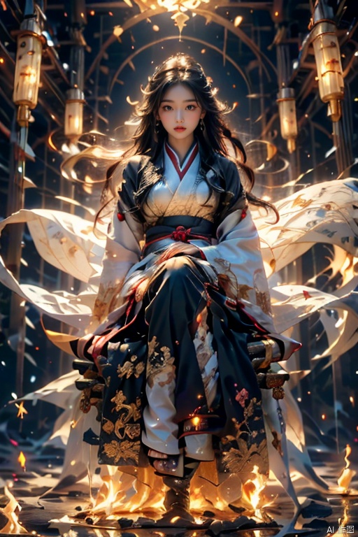 Girl, main hall, practice, white Hanfu, floating in the air, sitting cross-legged, long black hair, surrounded by golden runes, beautiful facial features, fairy, eyes closed, a beam of light, night, firelight, glowing runes , best picture quality, realistic, high definition, masterpiece, master effect