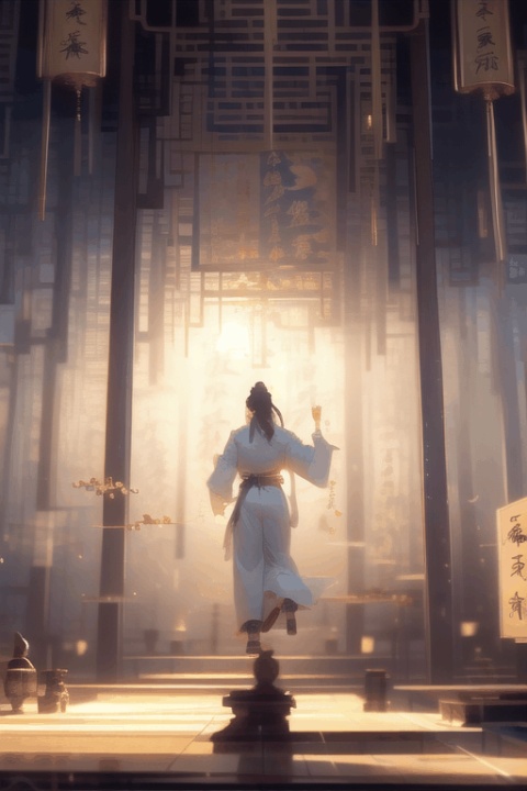  Girl,hall,practice,white Hanfu,(floating in the air:1.3),long black hair,surrounded by golden runes,beautiful facial features,fairy,eyes closed,a beam of light,night,firelight,glowing runes,best picture quality,realistic,high definition,masterpiece,master effect,((wash painting)),((ink s...)), (\yan yu\), Daofa Rune, Ancient China_Indoor scenes