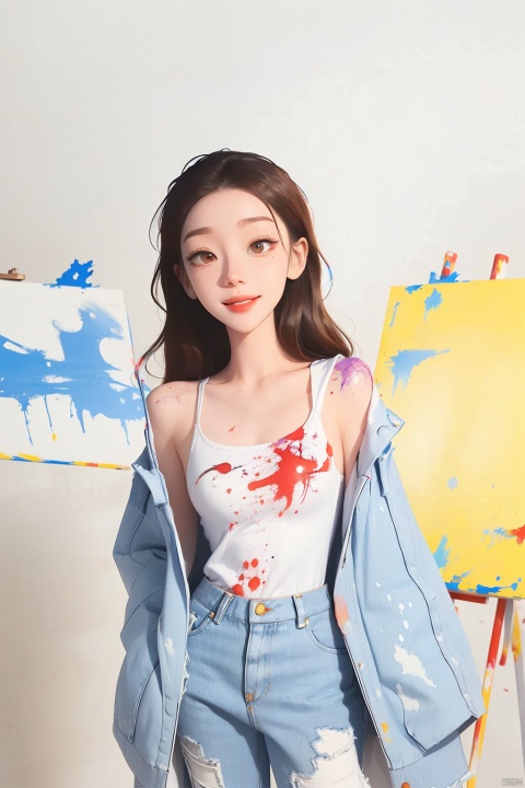 (masterpiece:1.2),1girl,pale_skin,realistic skin,chinese,
(Artist_smock:1.4),(Paint-splattered_jeans:1.3),(canvas),
medium breast,cleavage,vibrant colors,
medium hair,straight_hair,brown hair,
looking away,smile,
cement wall.,