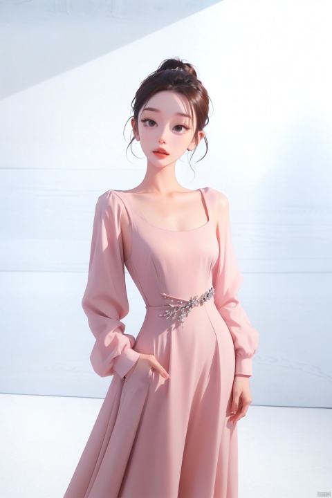 Short haired goddess,charming and elegant attire,fashionable dress,fashionable luxury,advertising photography,white background,standing posture,complete upper body photos,advertising blockbuster photography,realistic,exquisite,high-definition,8K,perfect facial details,the best quality,