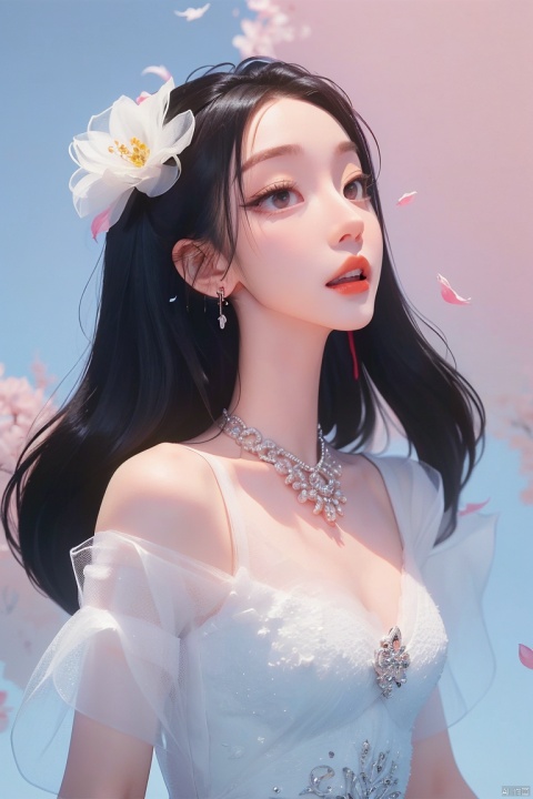 ,Textured skin,skin particles,masterpiece,best quality,8K,official art,ultra high res,1girl,chinese clothes,hanfu,jewelry,hair ornament,upper body,solo,earrings,flower ocean,remains,flower,black hair,necklace,teeth,hair bun,dress,parted lips,hair flower,((full body)),dress,hanfu,embroidery,exquisite,meticulous,(tulle:1.4),
