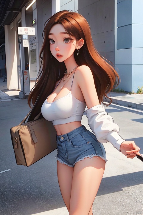 (best quality), ((masterpiece)), (highres), illustration, original, extremely detailed, 1girl, solo, brown hair, bag, jewelry, shorts, white background, blue eyes, looking at viewer, earrings, bare shoulders, simple background, shirt, collarbone, long hair, off shoulder, off-shoulder shirt, bracelet, hand in pocket, bangs, handbag, red shirt, cowboy shot, signature, blush, brown shorts, open mouth, shoulder bag, twitter username, necklace,Exaggerated perspective , ultra wide shot,blurry hand foreground, 1 girl