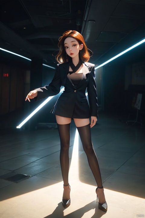 1girl, 23 years old, brown hair, long curly hair, full body, glamor, shiny_skin, medium breasts, hot and sexy, 
business_suit, black pantyhose, high heels, Sophisticated Makeup, eyeshadow, lipstick, light blush, 
simple background, frontlight, side light, doc_martens, cinematic_angle, looking_at_viewer, absurdres, Cinematic Lighting, realistic, full_shot, 