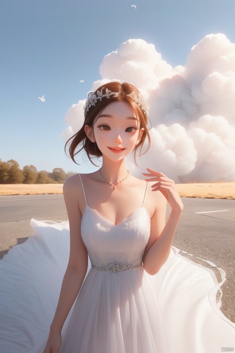 1girl,white_skin,glamor,oval face,hime cut,wedding_dress,smile,hair_twirling,incredibly absurdres,huge filesize,looking_at_viewer,in summer,huge cloud,(moody lighting:1.1),available light,rich details,advanced texture,excellent photography,