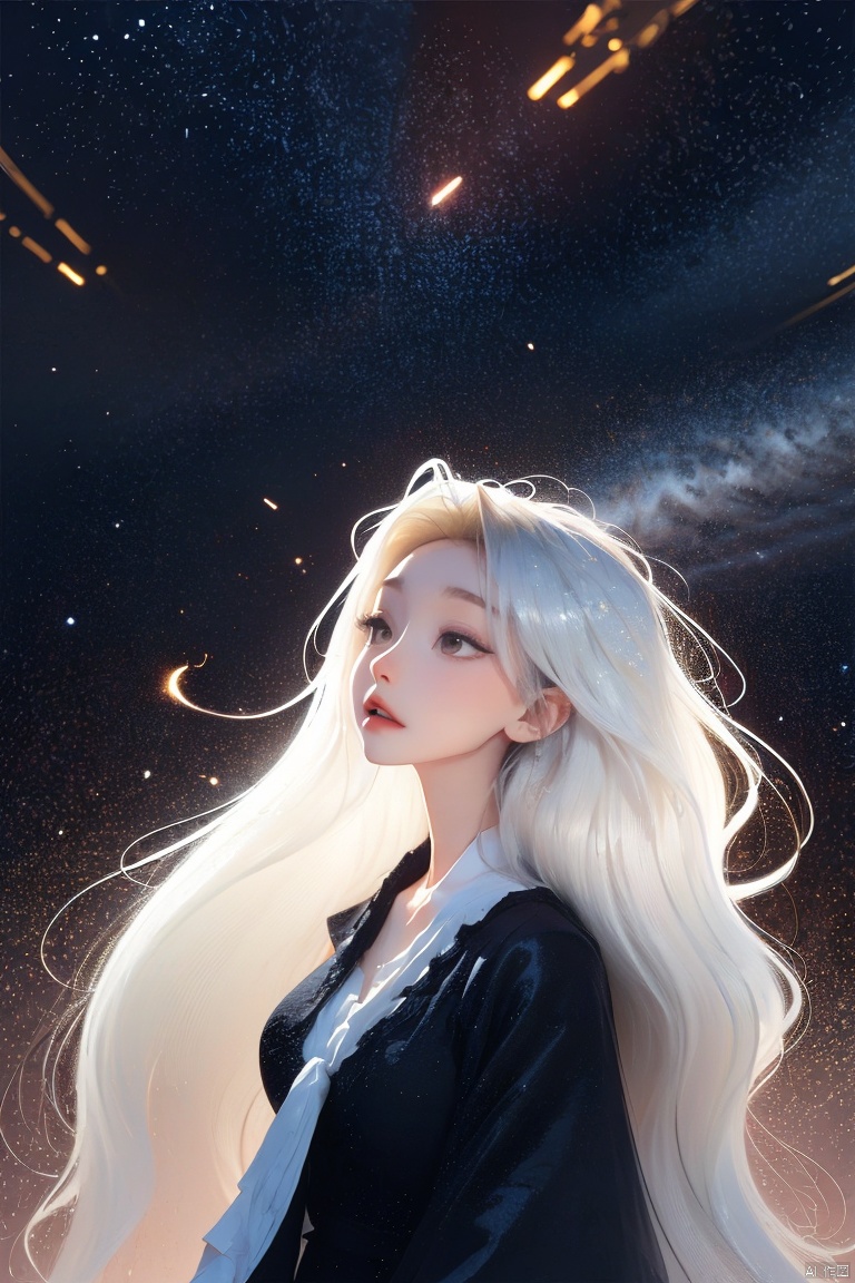 masterpiece,best quality,highres,1girl,(long_white_hair:1.2),stars in the eyes,messy floating hair,colored inner hair,Starry sky adorns hair,tullece,see_through,(((glistening light))),(Luminous),detailed shadow,meteor,fanxing,stars in white dress,tuxedo,