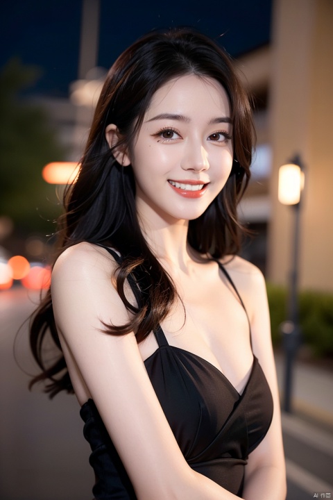 arien photography,1girl,solo,smile,long hair,black hair,messy hair,black eyes,open mouth,teeth,grin,lips,bare shoulders,upper body,dress,night,outdoors,