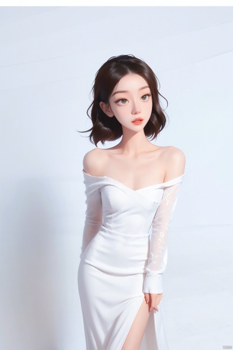 Short haired goddess,charming and elegant attire,fashionable dress,fashionable luxury,advertising photography,white background,standing posture,complete upper body photos,advertising blockbuster photography,realistic,exquisite,high-definition,8K,perfect facial details,the best quality,
