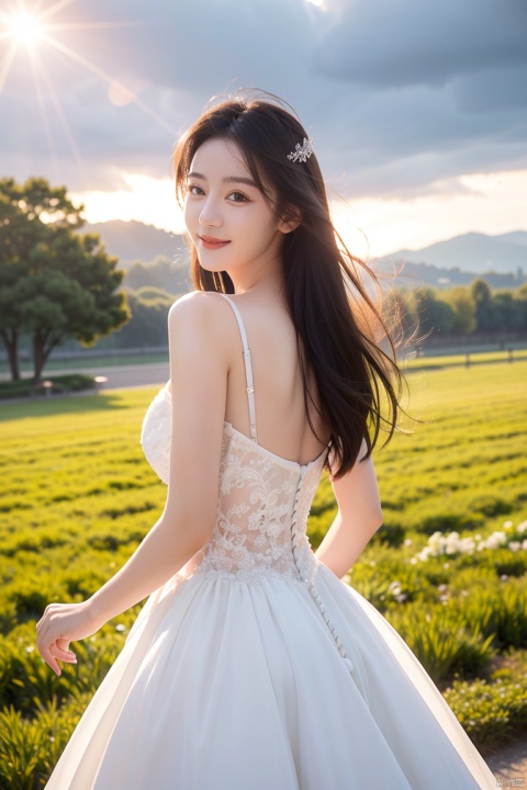 1girl,white_skin,glamor,oval face,hime cut,wedding_dress,smile,hair_twirling,incredibly absurdres,huge filesize,looking_at_viewer,in summer,huge cloud,(moody lighting:1.1),available light,rich details,advanced texture,excellent photography,