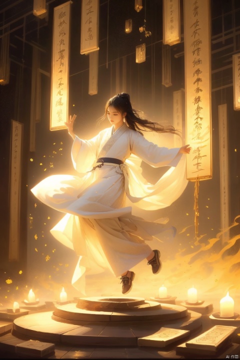 Girl,hall,practice,white Hanfu,(floating in the air:1.3),long black hair,surrounded by golden runes,beautiful facial features,fairy,eyes closed,a beam of light,night,firelight,glowing runes,best picture quality,realistic,high definition,masterpiece,master effect,((wash painting)),((ink s...)), (\yan yu\), Daofa Rune, Ancient China_Indoor scenes
