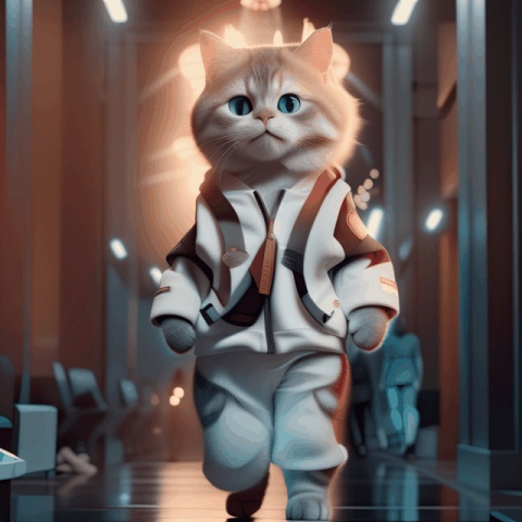  Anthropomorphic cat, Fashion runway, Full body, cat Wearing a casual top and sports pants, anthropomorphic, high-end design style, Cold and beautiful, A slender and slender figure, Milan Fashion Show, Full body, Dynamic capture of runway shows