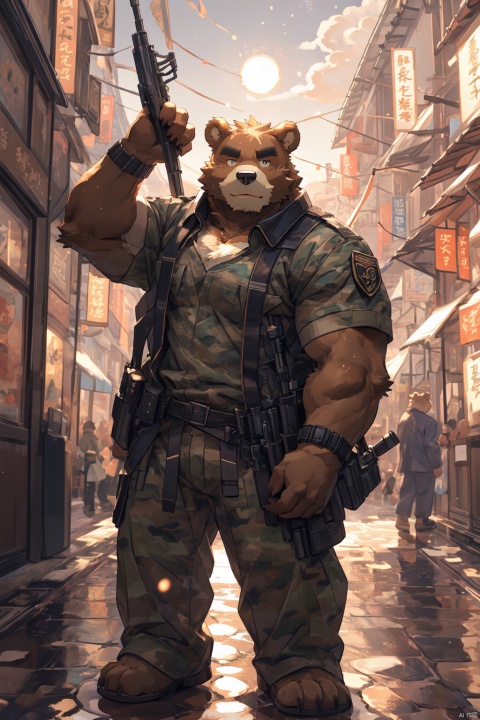  masterpiece, high quality, hi res, digital painting \(artwork\), by kuroisumi, kiyosan. soft lighting, dynamic light,studio light ,solo, (anthro male bear), (brown body), sunshine, city, cloud, dark, bright, real light, from side, panorama, portrait,looking at viewer, character focus, detailed background, amazing background,战火纷飞,battle ground background,战场背景,scenery,light particles, kemono, (cute), ful body, head to feet ,muscle belly, detailed eye, detailed eyes,naked, a small belly,show a friendly pose,lively pose,dynamic pose,蓬松毛发,Anatomical skeleton,Anatomical muscle,dark brown fur,sexy pose,cute pose,hold a big gun in his lefthand,激凸,naked,army uniform,3d作画,