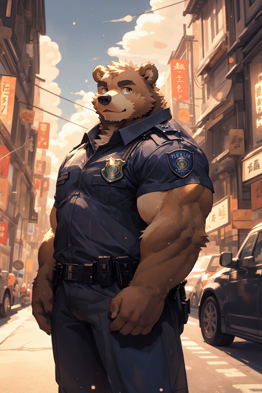  masterpiece, high quality, hi res, digital painting \(artwork\), by kuroisumi, yupa,kiyosan. soft lighting, dynamic light,studio light ,solo, (anthro male bear), (brown body), sunshine, city, cloud, dark, bright, real light, from side, panorama, portrait,looking at viewer, character focus, detailed background, amazing background, outdoors,scenery,light particles, kemono, (cute), ful body, head to feet, police uniform, police leather shoes, police armour ,hold police weap ,talking to viewer ,muscle belly, detailed eye, detailedeyes, a small belly,Strike a powerful pose,lively pose,dynamic pose,plush fur,Anatomical skeleton,Anatomical muscle,