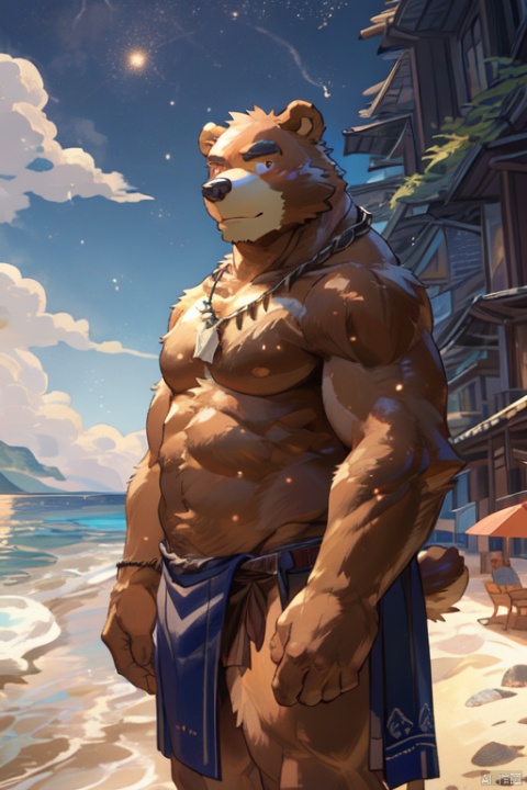  masterpiece, high quality, hi res, digital painting \(artwork\), by kuroisumi, yupa,kiyosan. soft lighting, solo, (anthro male bear), (brown body), sunshine, beach, loincloth, sea, cloud, dark, bright, sand, from side, necklace. impasto, panorama,portrait,135mm,looking at viewer,character focus. detailed background,amazing background,outdoors,scenery,light particles, kemono, (cute), ass