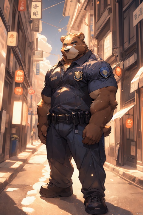  masterpiece, high quality, hi res, digital painting \(artwork\), by kuroisumi, kiyosan. soft lighting, dynamic light,studio light ,solo, (anthro male bear), (brown body), sunshine, city, cloud, dark, bright, real light, from side, panorama, portrait,looking at viewer, character focus, detailed background, amazing background, outdoors,scenery,light particles, kemono, (cute), ful body, head to feet, police uniform, police leather shoes, police armour ,hold police weap ,talking to viewer ,muscle belly, detailed eye, detailedeyes, a small belly,Strike a powerful pose,lively pose,dynamic pose,plush fur,Anatomical skeleton,Anatomical muscle,dark brown fur,sexy,