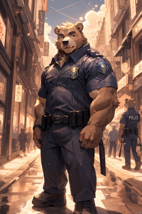  masterpiece, high quality, hi res, digital painting \(artwork\), by kuroisumi, yupa,kiyosan. soft lighting, dynamic light,studio light ,solo, (anthro male bear), (brown body), sunshine, city, cloud, dark, bright, real light, from side, panorama, portrait,looking at viewer, character focus, detailed background, amazing background, outdoors,scenery,light particles, kemono, (cute), ful body, head to feet, police uniform, police leather shoes, police armour ,hold police weap ,talking to viewer ,muscle belly, detailed eye, detailedeyes, a small belly,Strike a powerful pose,lively pose,dynamic pose,plush fur,Anatomical skeleton,Anatomical muscle,