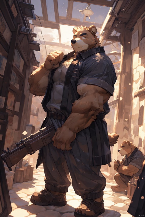  masterpiece, high quality, hi res, digital painting \(artwork\), by kuroisumi, kiyosan. soft lighting, dynamic light,studio light ,solo, (anthro male bear), (brown body), sunshine, city, cloud, dark, bright, real light, from side, panorama, portrait,looking at viewer, character focus, detailed background, amazing background,战火纷飞,battle ground background,战场背景,ruined city,scenery,light particles, kemono, (cute), full body, head to feet ,muscle belly, detailed eye, detailed eyes,naked, a small belly,show a friendly pose,lively pose,dynamic pose,蓬松毛发,Anatomical skeleton,Anatomical muscle,dark brown fur,sexy pose,cute pose,hold a big gun in his lefthand,激凸,naked,army uniform,作战服,军队制服,3d作画,坚毅的表情,蔑视的表情,
