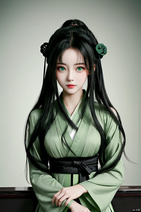  a girl, black hair, best quality, green eyes, looking at viewer, hanfu, beautiful,
