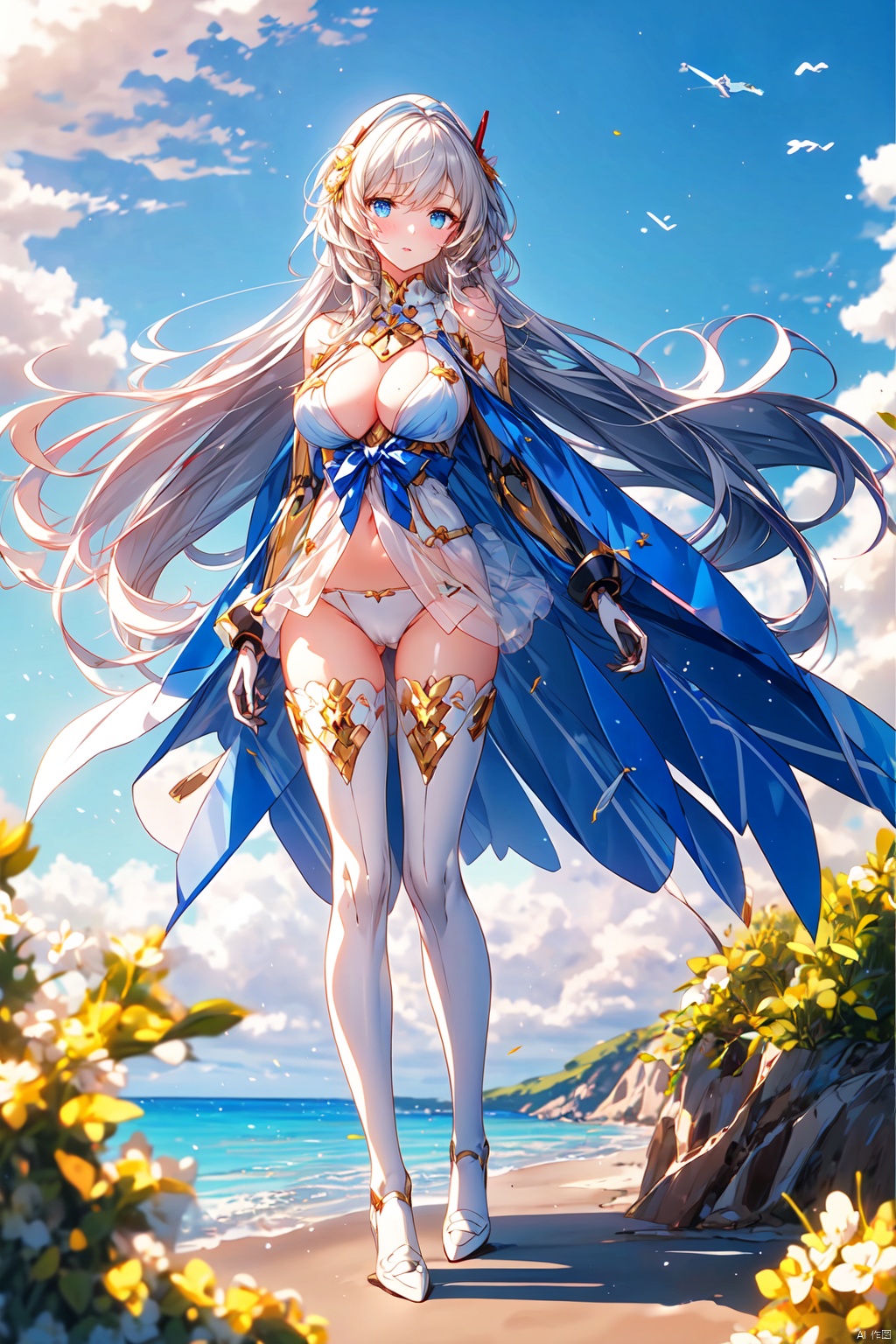  very_long_hair,white_hair,blue_eyes,white_thighhighs, full_body, foot, breasts, nipples, *****, pajamas,see-through, Standing on the beach by the sea,Long hair is blown up by the wind,((poakl)), azur lane, Gundam girl