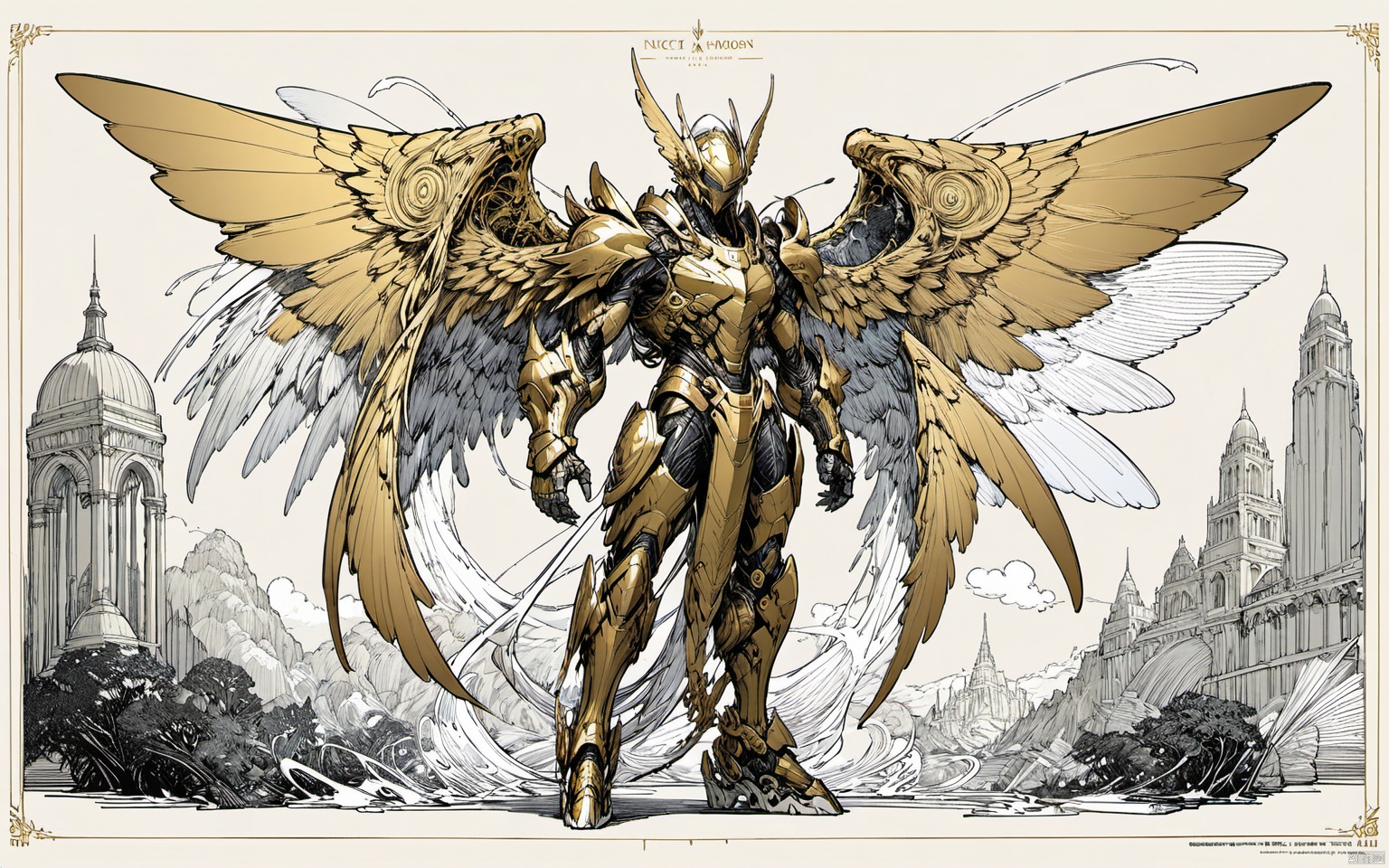 gameplay style, masterpiece, best quality, line art, line style, insect boy, color chaos theme,  chitin armor,slim limbs,small helmet,Extremely massive wings,full body,long body,Golden ratio body,Platform mechanical Sneakers,strong body