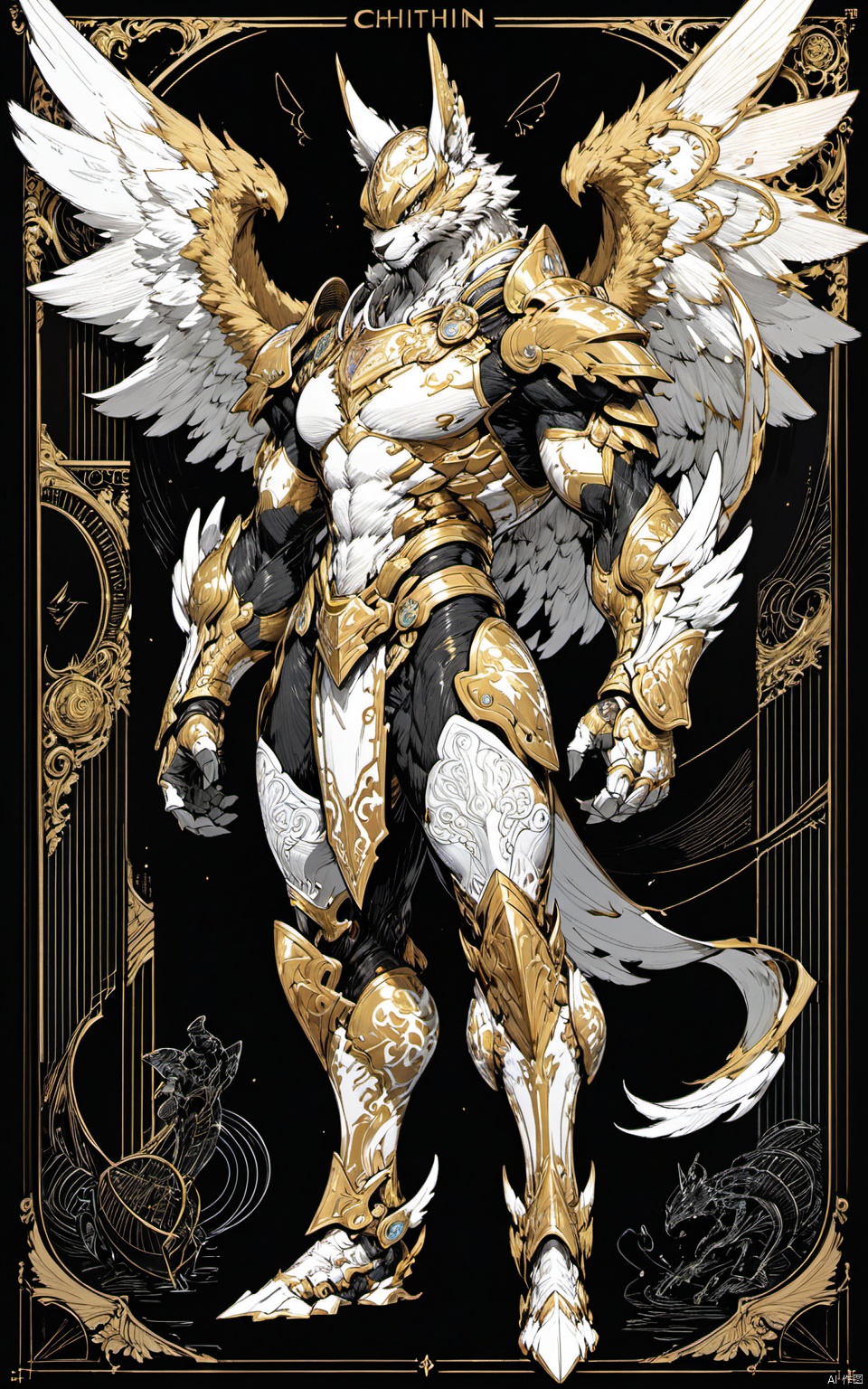 gameplay style, masterpiece, best quality, line art, line style, furry boy, color chaos theme,  chitin armor,slim limbs,small helmet,Extremely massive wings,Golden ratio body,full body,long body,strong body