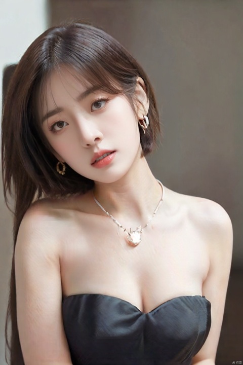  (nsfw),1girl, solo, looking at viewer, short hair, upper body,large breasts,earrings, parted lips, necklace, lips, head tilt, strapless,red dress, realistic,sumin,