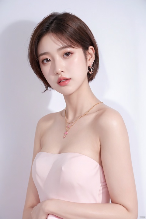  (nsfw),1girl, solo, looking at viewer, short hair, upper body, earrings, parted lips, necklace, lips, head tilt, strapless,pink dress, realistic,sumin,