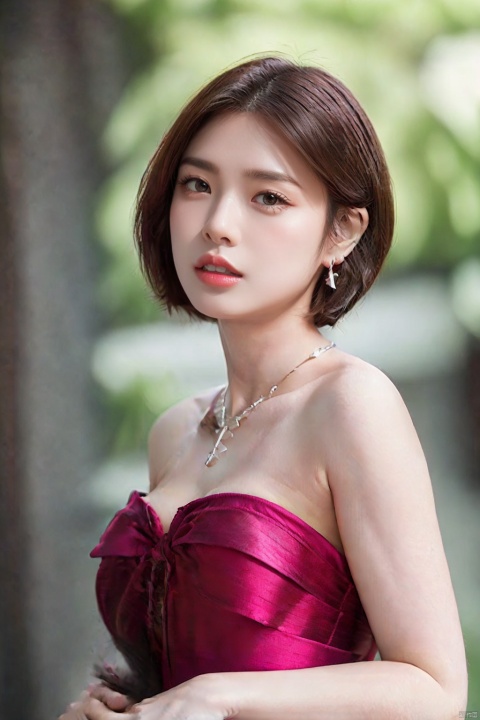  (nsfw),1girl, solo, looking at viewer, short hair, upper body,large breasts,earrings, parted lips, necklace, lips, head tilt, strapless,red dress, realistic,sumin,
