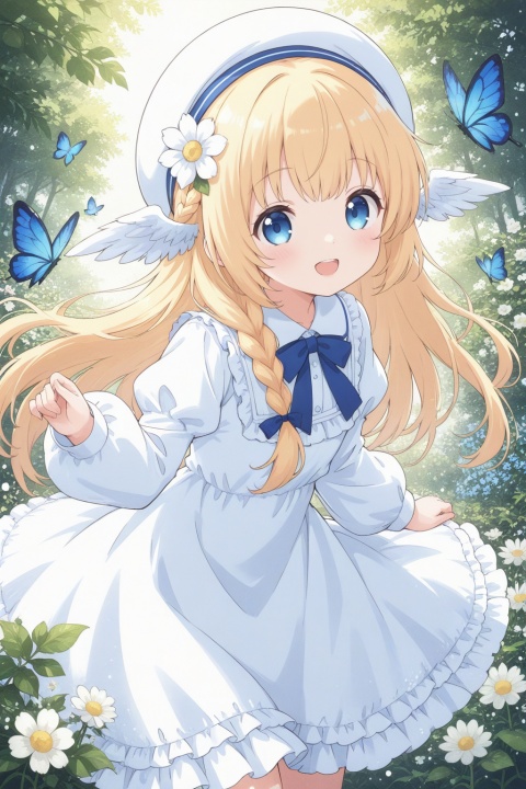 masterpiece, best quality, score_9, score_8, score_7, very aesthetic, 1girl, solo, blonde hair, wings, flower, smile, long hair, open mouth, long sleeves, hair ornament, blue eyes, sparkle, upper body, braid, bug, white wings, hair flower, head wings, white headwear, frills, looking at viewer, butterfly, puffy sleeves, dress, leaf, white flower, hat