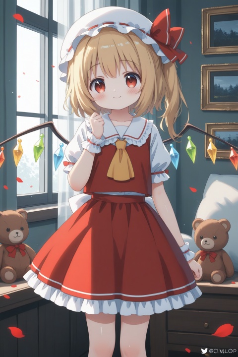 masterpiece,absurdres,best quality,((petite)),high quality,chromatic_aberration,shiny_skin, //, 1girl, flandre scarlet, hat, mob cap, wings, blonde hair, stuffed toy, stuffed animal, solo, teddy bear, skirt, red eyes, crystal, red vest, red skirt, yellow ascot, ascot, wrist cuffs, white headwear, vest, short sleeves, holding stuffed toy, curtains, looking at viewer, frills, window, bow, holding, red bow, frilled shirt collar, puffy short sleeves, puffy sleeves, shirt, frilled skirt, one side up, skirt set, white shirt, indoors, frilled sleeves, picture frame, standing, twitter username, multicolored wings, petals, closed mouth, ribbon, feet out of frame, medium hair, petticoat, red ribbon, open window, collarbone, ribbon trim, hand up //, (shiratama \(shiratamaco\)),{{umehara sei}},(((wlop))),{chen bin},((((ciloranko)))),{onineko},{noyu},{konya_karasue},mmd,