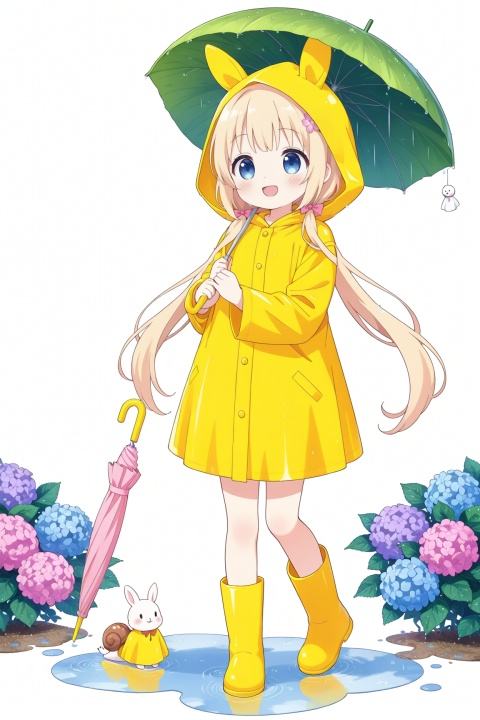 1girl,rainbow,raincoat,yellow raincoat,rubber boots,hydrangea,flower,long hair,twintails,boots,blush,umbrella,open mouth,hair ornament,white background,hood,solo,teruterubouzu,very long hair,hood up,long sleeves,low twintails,bow,bangs,smile,animal hood,blue eyes,rabbit,closed umbrella,puddle,full body,:d,snail,yellow footwear,simple background,pink flower,standing,leaf umbrella,holding umbrella,food-themed hair ornament,hair bow,animal ears,holding,blonde hair,hair flower,rain,animal,clpstyle,cuteloli