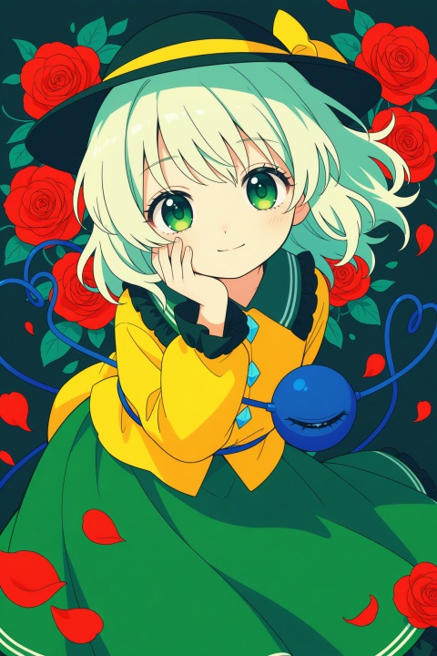 Komeiji koishi,floral background,rose,petals,happy,arm behind back,hand on own cheek,looking at viewer,happy,leaning forward,,light smile, upper body,expressionless, eyelashes,negative space, solo,wind,floating,dynamic angle,dynamic pose, (uninosono:0.8),(mozukuzu_(manukedori):0.5),(cosmic_(crownclowncosmic):0.8),(aspara:0.8),
