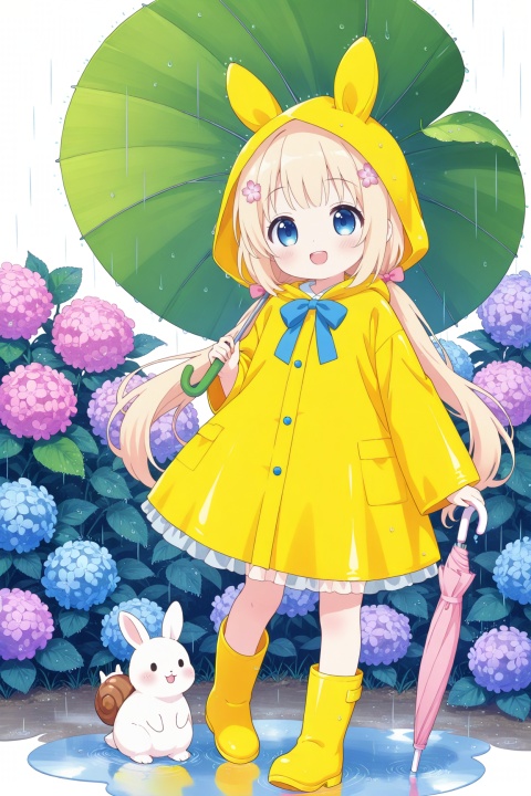 1girl,rainbow,raincoat,yellow raincoat,rubber boots,hydrangea,flower,long hair,twintails,boots,blush,umbrella,open mouth,hair ornament,white background,hood,solo,teruterubouzu,very long hair,hood up,long sleeves,low twintails,bow,bangs,smile,animal hood,blue eyes,rabbit,closed umbrella,puddle,full body,:d,snail,yellow footwear,simple background,pink flower,standing,leaf umbrella,holding umbrella,food-themed hair ornament,hair bow,animal ears,holding,blonde hair,hair flower,rain,animal,clpstyle,cuteloli