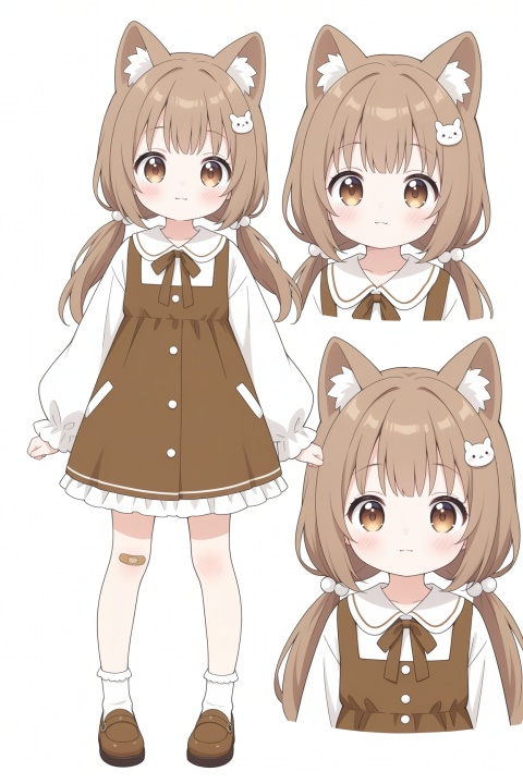 1girl,animal_ear_fluff,animal_ears,bandaid,blush,brown_eyes,brown_hair,closed_mouth,dress,full_body,hair_ornament,long_hair,long_sleeves,low_twintails,multiple_views,puffy_long_sleeves,puffy_sleeves,shoes,socks,standing,twintails,very_long_hair,white_background,lineart