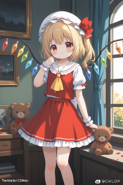 masterpiece,absurdres,best quality,((petite)),high quality,chromatic_aberration,shiny_skin, //, 1girl, flandre scarlet, hat, mob cap, wings, blonde hair, stuffed toy, stuffed animal, solo, teddy bear, skirt, red eyes, crystal, red vest, red skirt, yellow ascot, ascot, wrist cuffs, white headwear, vest, short sleeves, holding stuffed toy, curtains, looking at viewer, frills, window, bow, holding, red bow, frilled shirt collar, puffy short sleeves, puffy sleeves, shirt, frilled skirt, one side up, skirt set, white shirt, indoors, frilled sleeves, picture frame, standing, twitter username, multicolored wings, petals, closed mouth, ribbon, feet out of frame, medium hair, petticoat, red ribbon, open window, collarbone, ribbon trim, hand up //, (shiratama \(shiratamaco\)),{{umehara sei}},(((wlop))),{chen bin},((((ciloranko)))),{onineko},{noyu},{konya_karasue},mmd,